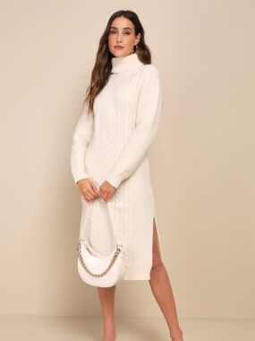 Lulus Snuggly Forecast Cream Cable Knit Turtleneck Sweater Midi Dress White